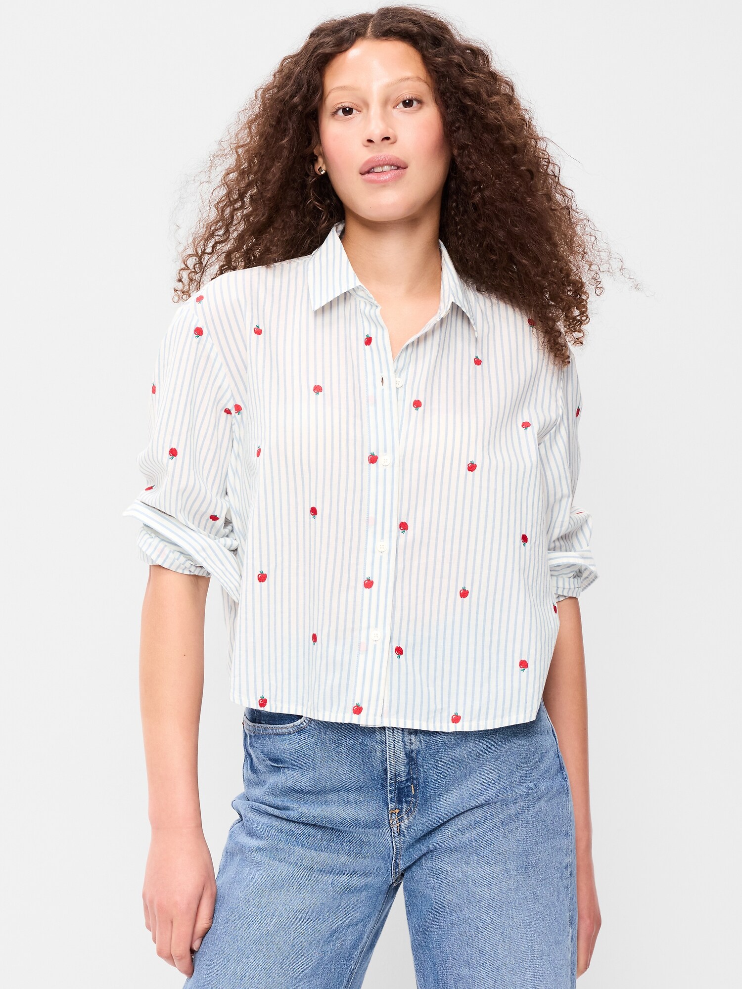 Женская рубашка Old Navy Cropped Button-Down Striped, цвет: Apple — фото 4