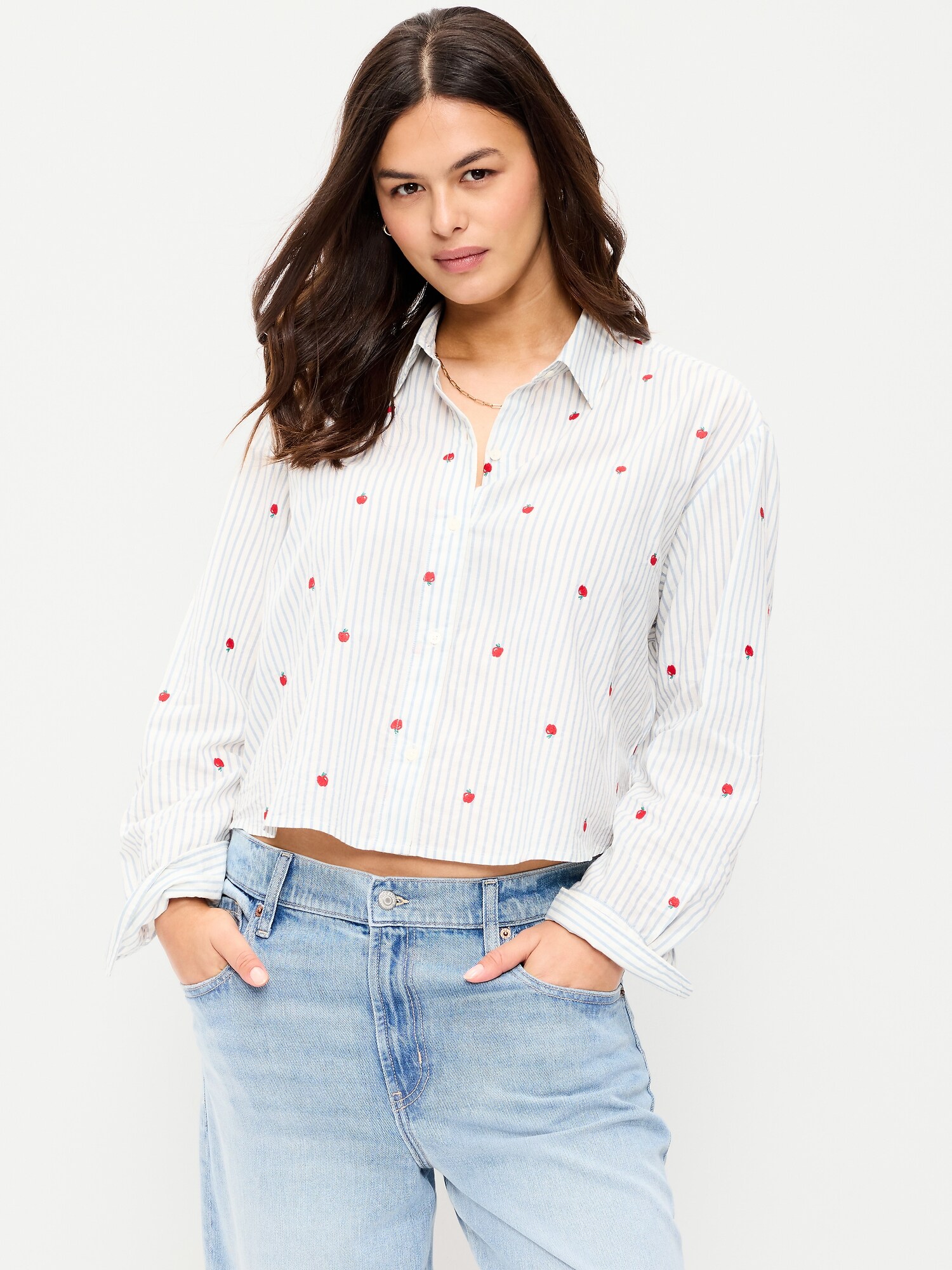 Женская рубашка Old Navy Cropped Button-Down Striped, цвет: Apple — фото 5