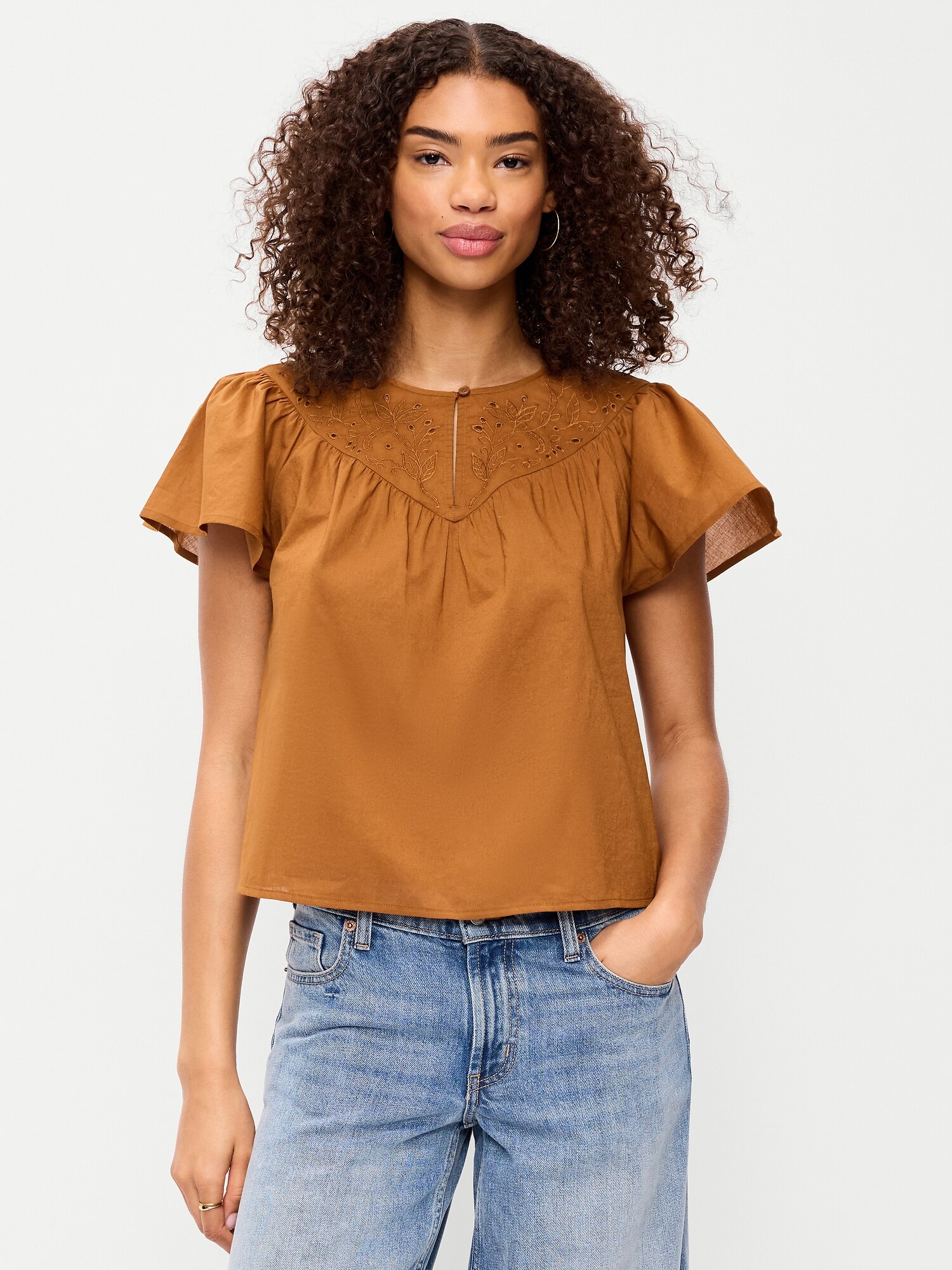 Женский топ Old Navy Short-Sleeve Embroidered Trousseau Top, цвет: Redwood Burl — фото 4