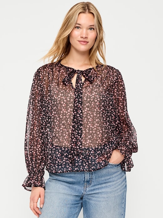 Image number 5 showing, Chiffon Semi-Sheer Tie-Front Top