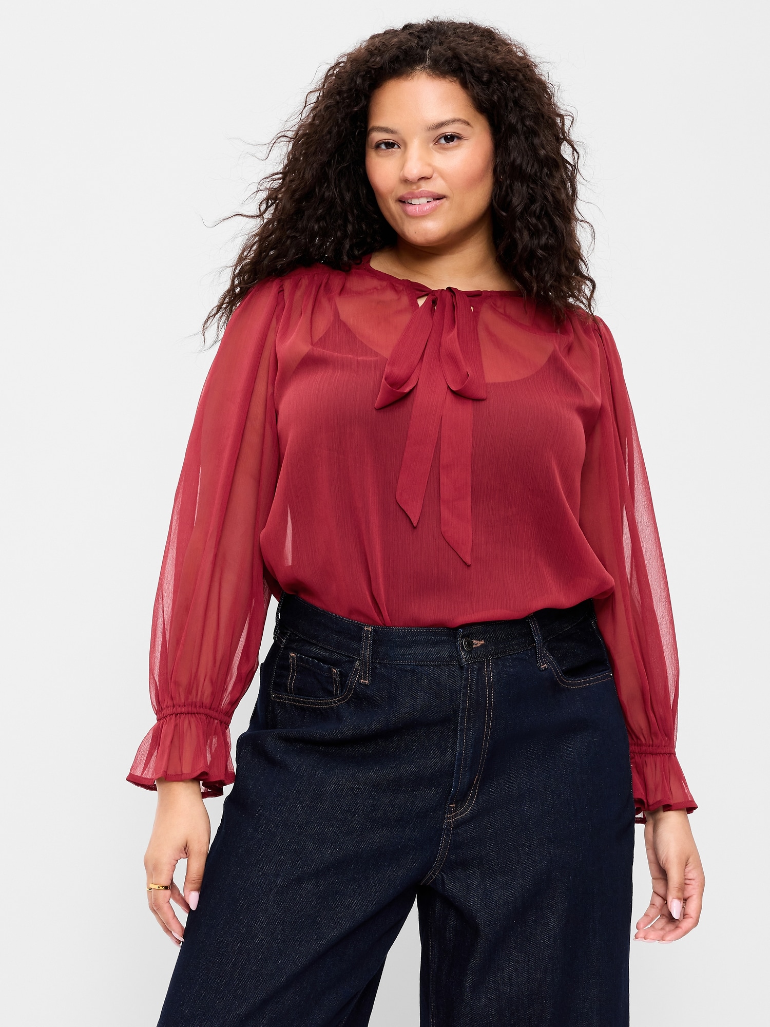 Long-Sleeve Chiffon Tie-Front Top