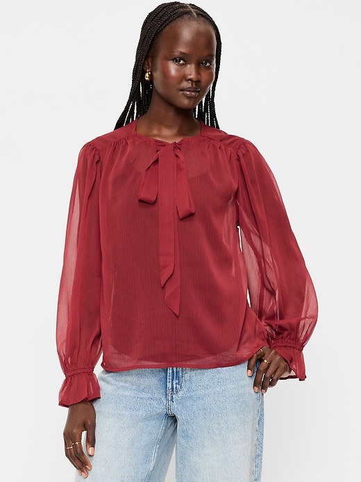 Image number 1 showing, Long-Sleeve Chiffon Tie-Front Top