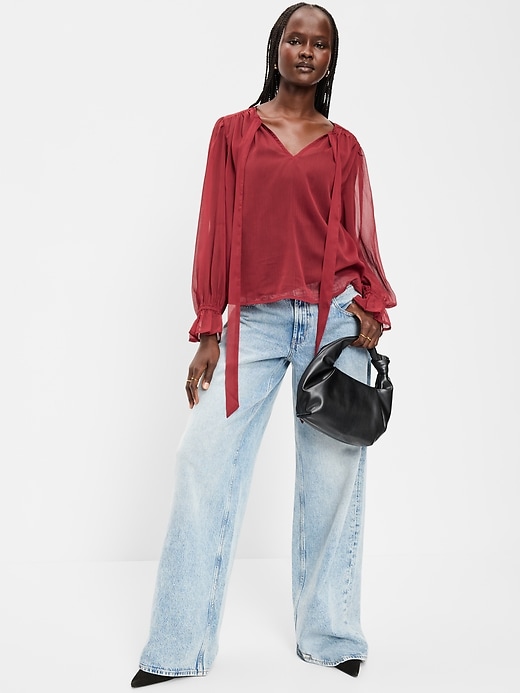 Image number 3 showing, Long-Sleeve Chiffon Tie-Front Top
