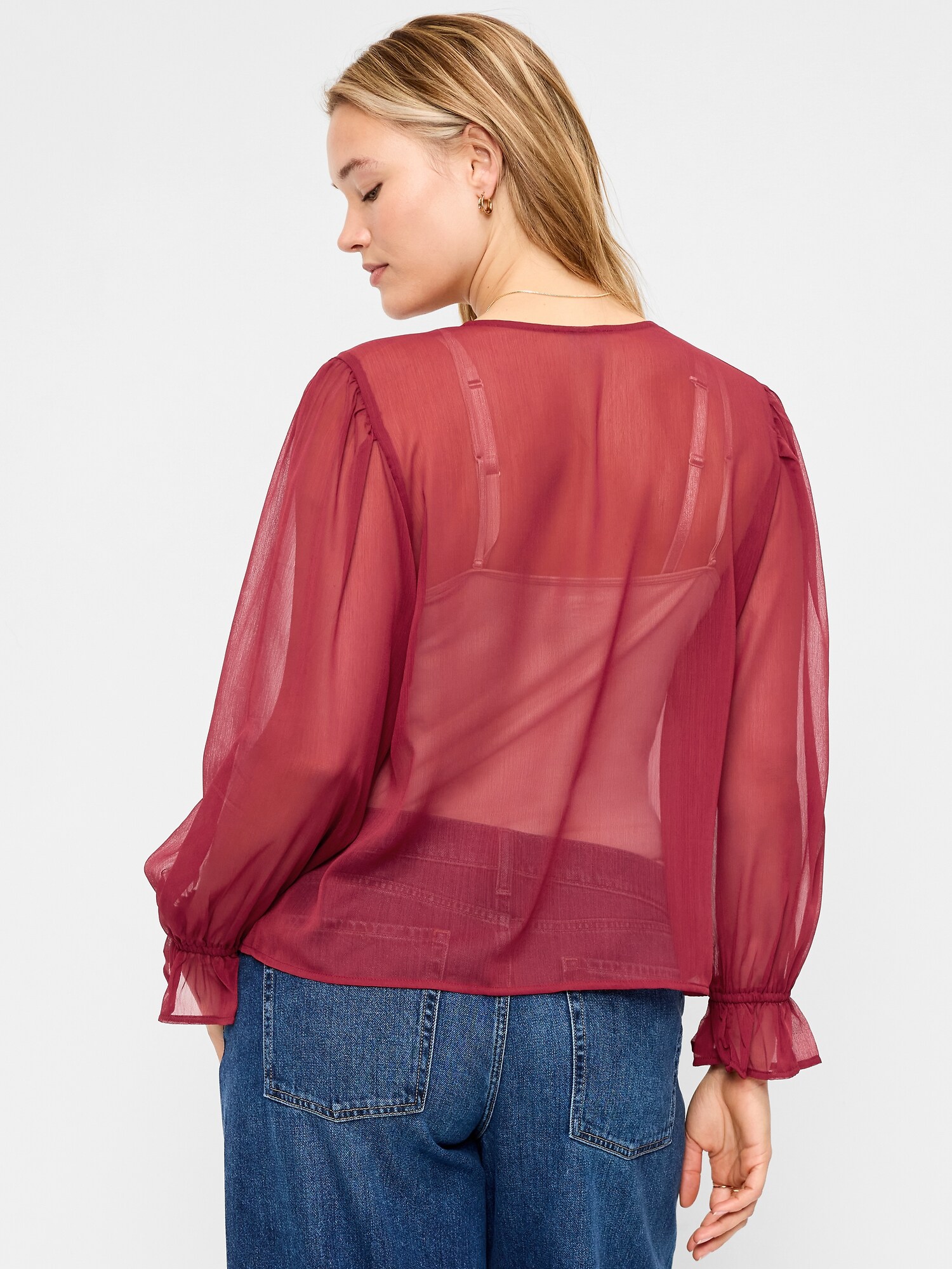 Женский топ Old Navy Long-Sleeve Chiffon Tie-Front Top, цвет: Emberglow — фото 6