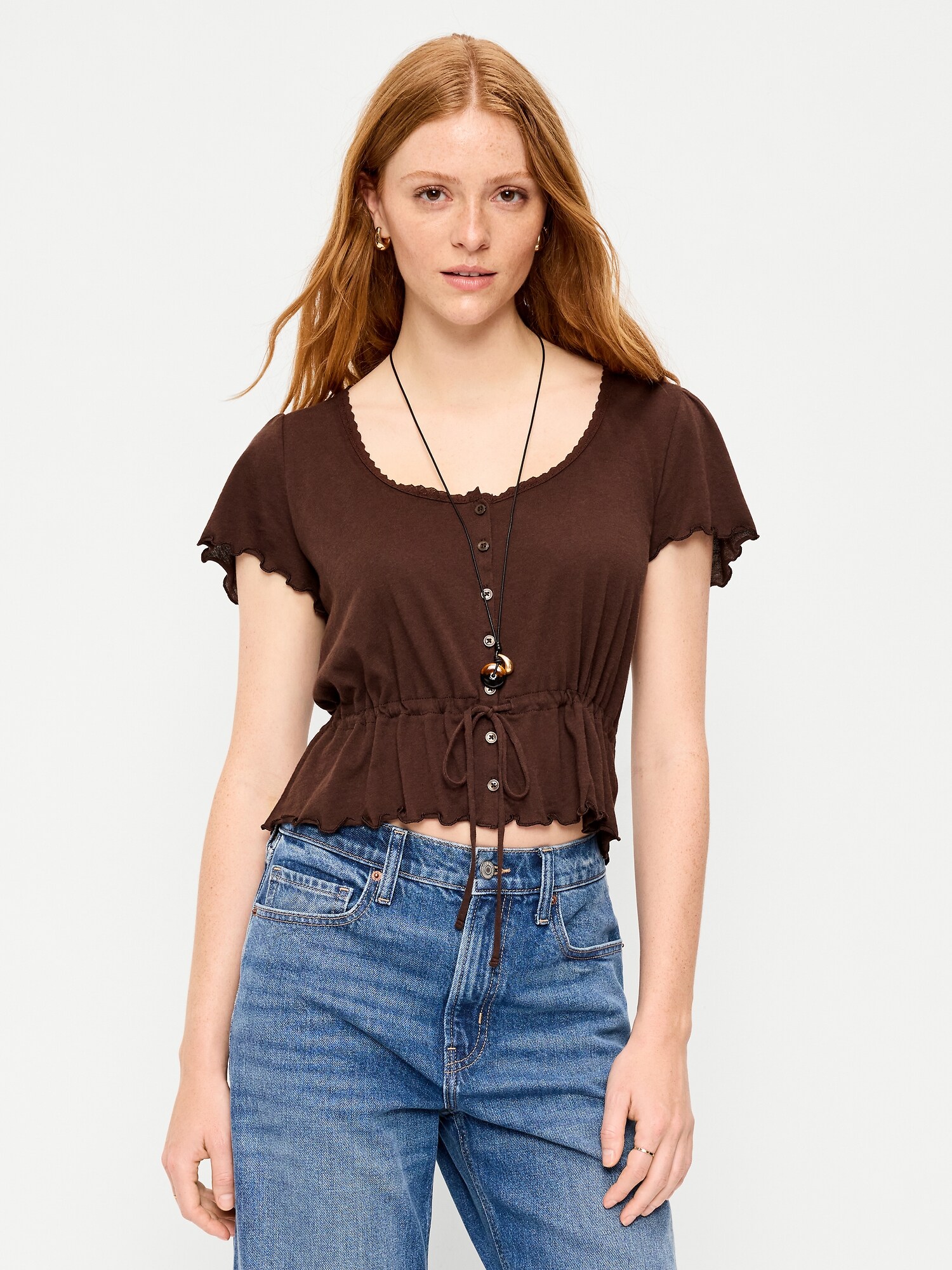 Женский топ Old Navy Lace-Trim Button-Down Top, цвет: Earthen — фото 3