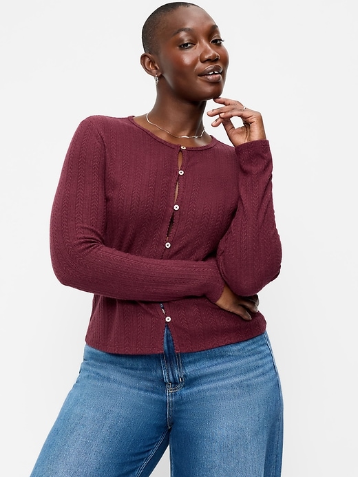 Image number 5 showing, Long-Sleeve Button-Front Pointelle Top