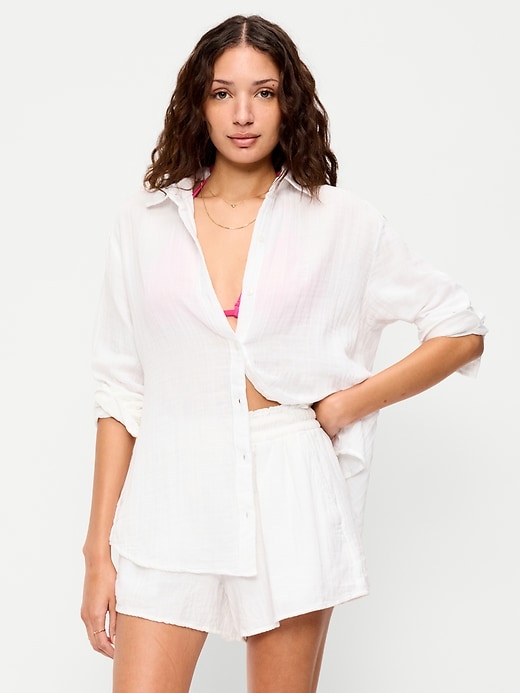Image number 1 showing, Open-Back Crinkle Gauze Button-Down Shirt
