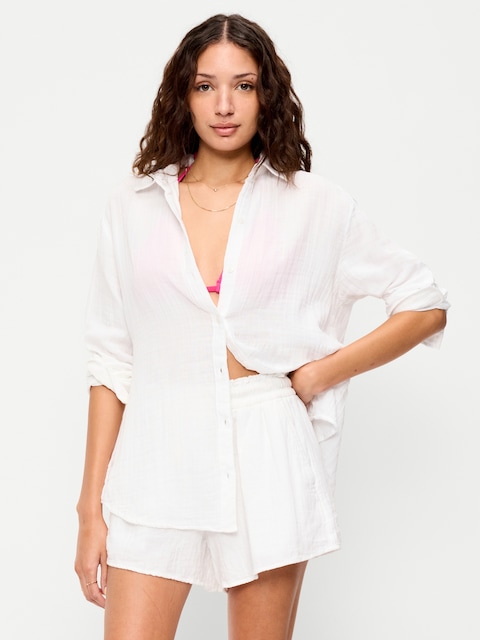 Open-Back Crinkle Gauze Button-Down Shirt