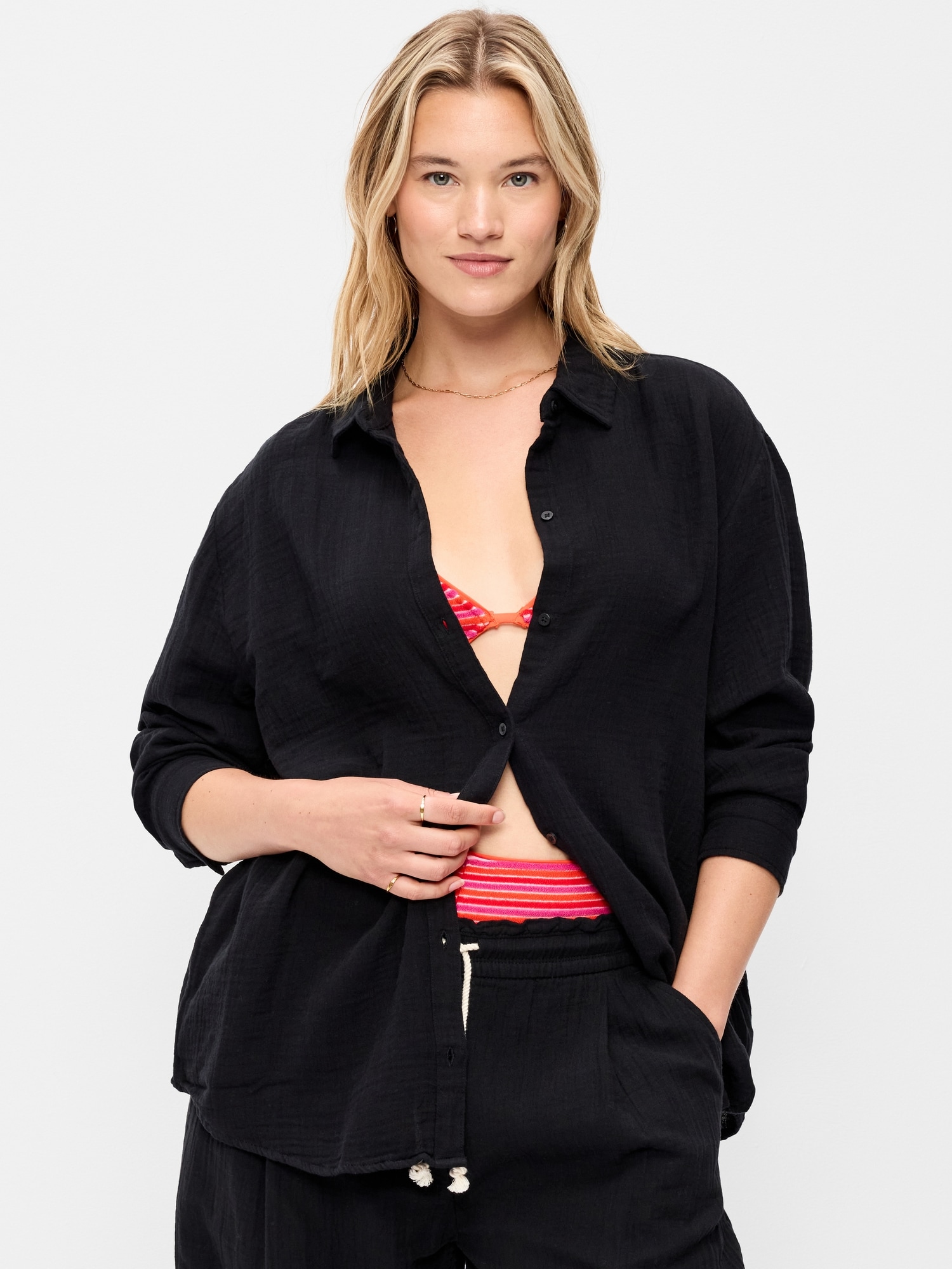 Open-Back Crinkle Gauze Button-Down Shirt