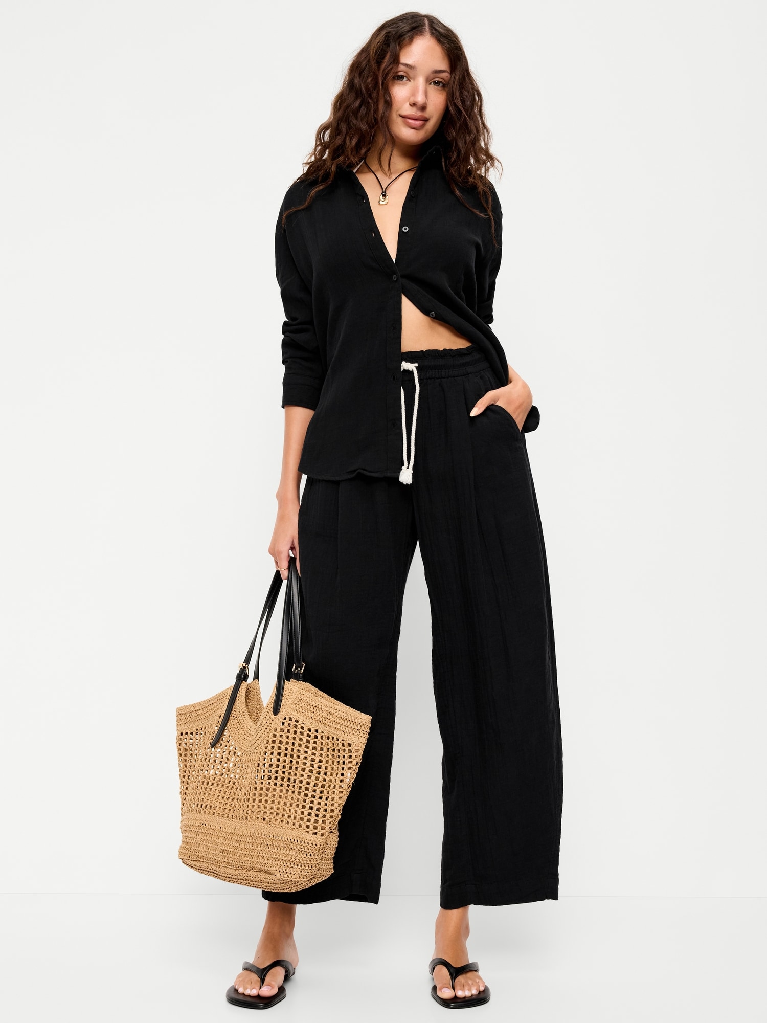 Open-Back Crinkle Gauze Button-Down Shirt