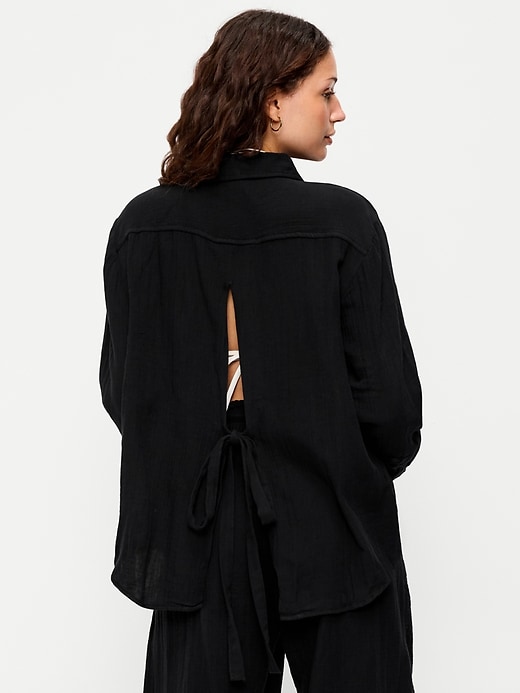 Image number 2 showing, Open-Back Crinkle Gauze Button-Down Shirt