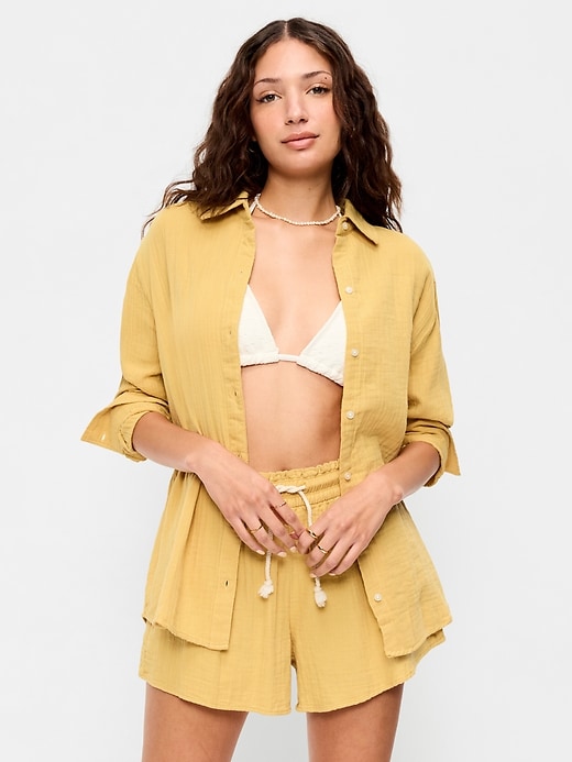 Open-Back Crinkle Gauze Button-Down Shirt | Old Navy