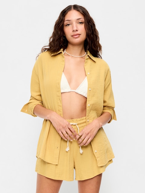 Open-Back Crinkle Gauze Button-Down Shirt