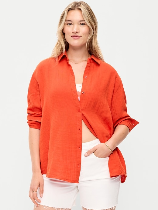 Image number 5 showing, Open-Back Crinkle Gauze Button-Down Shirt