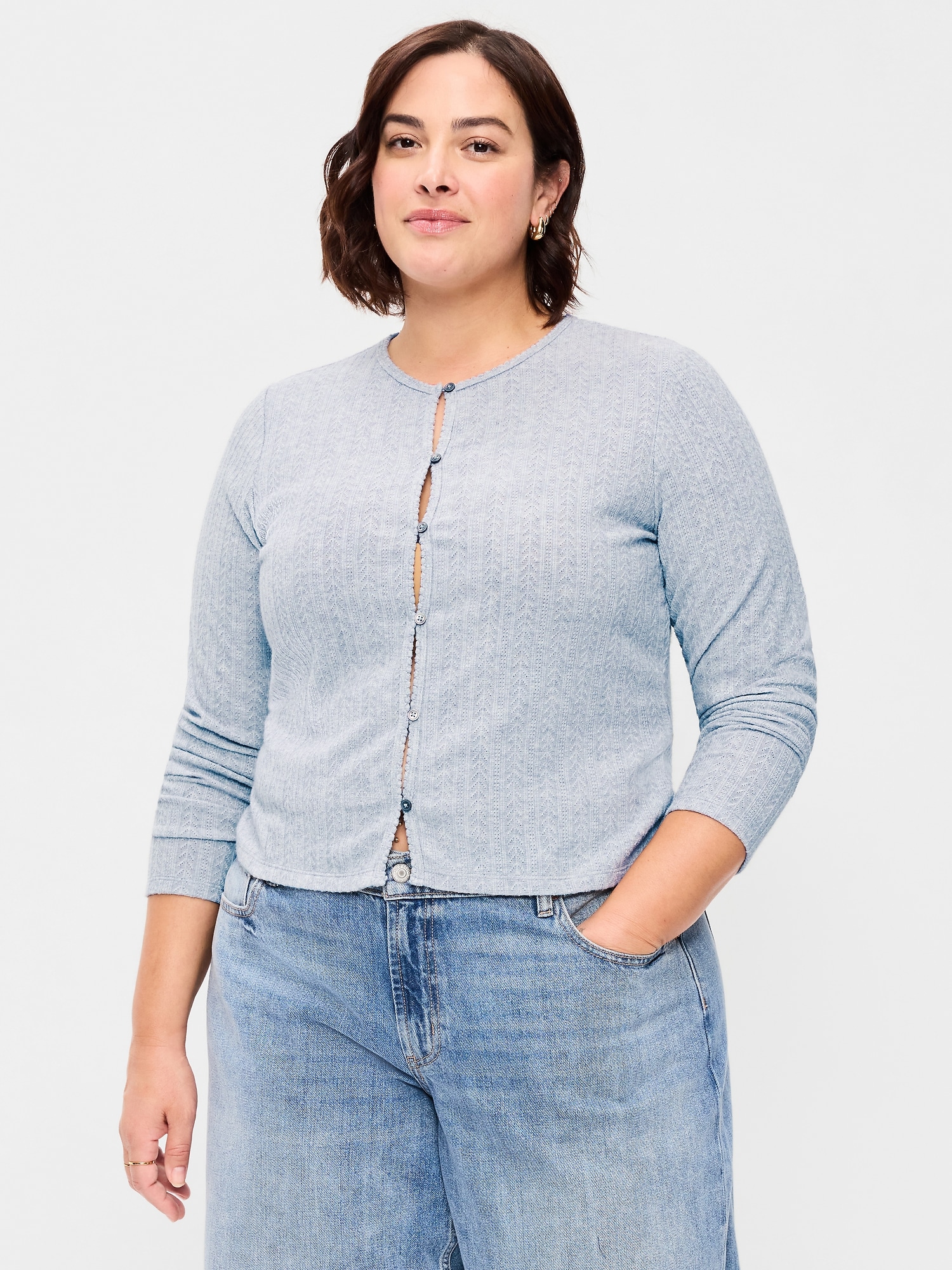 Long-Sleeve Button-Front Pointelle Top