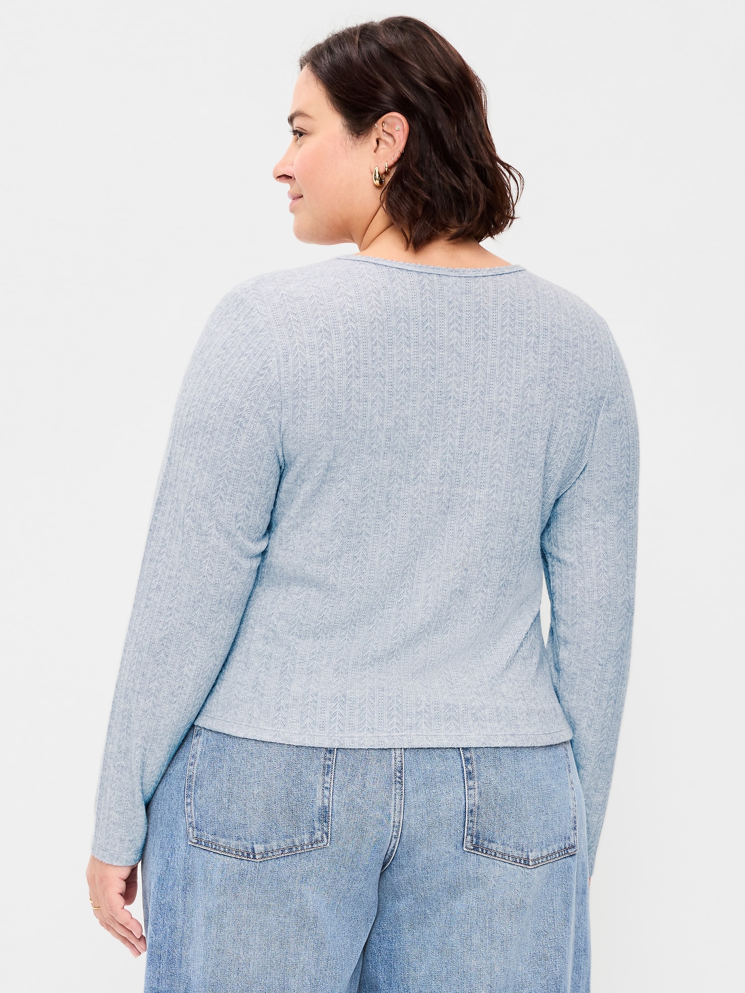 Long-Sleeve Button-Front Pointelle Top