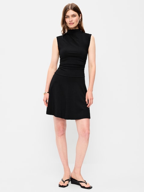Gathered Mock-Neck Drop-Waist Mini Dress