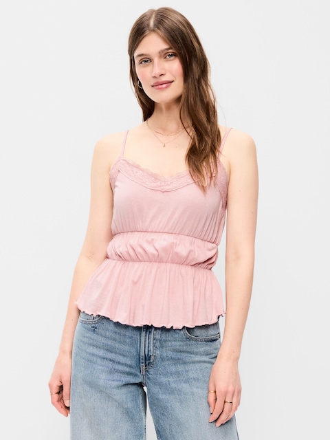 Lace-Trim Smocked-Waist Tank Top