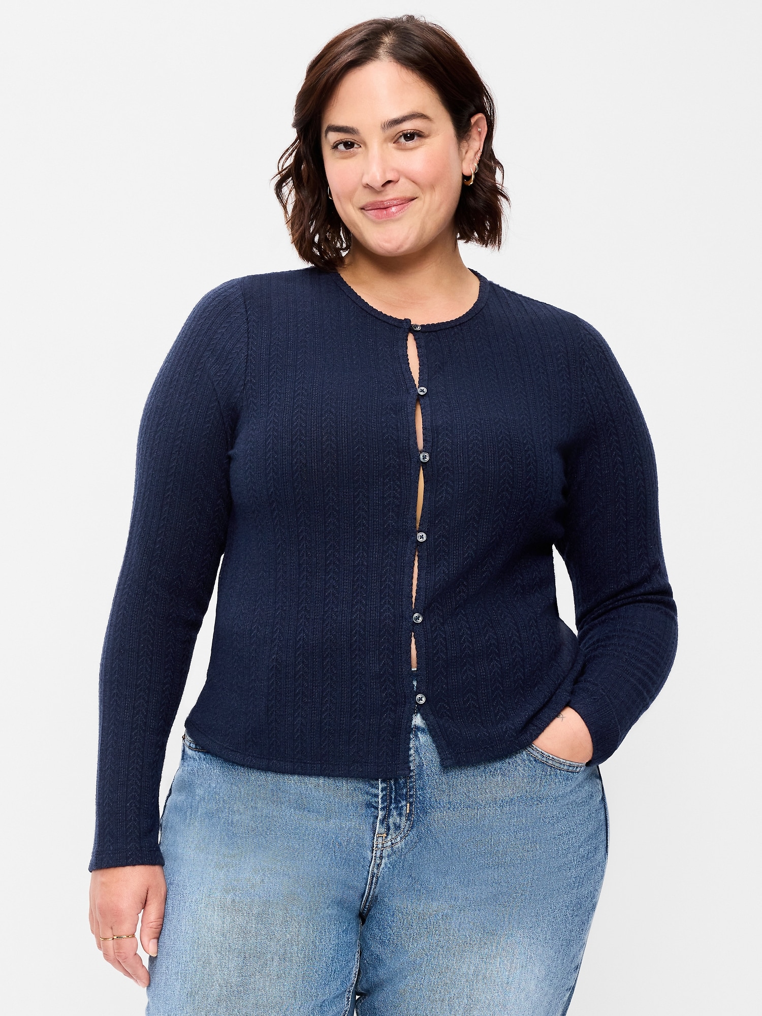 Long-Sleeve Button-Front Pointelle Top