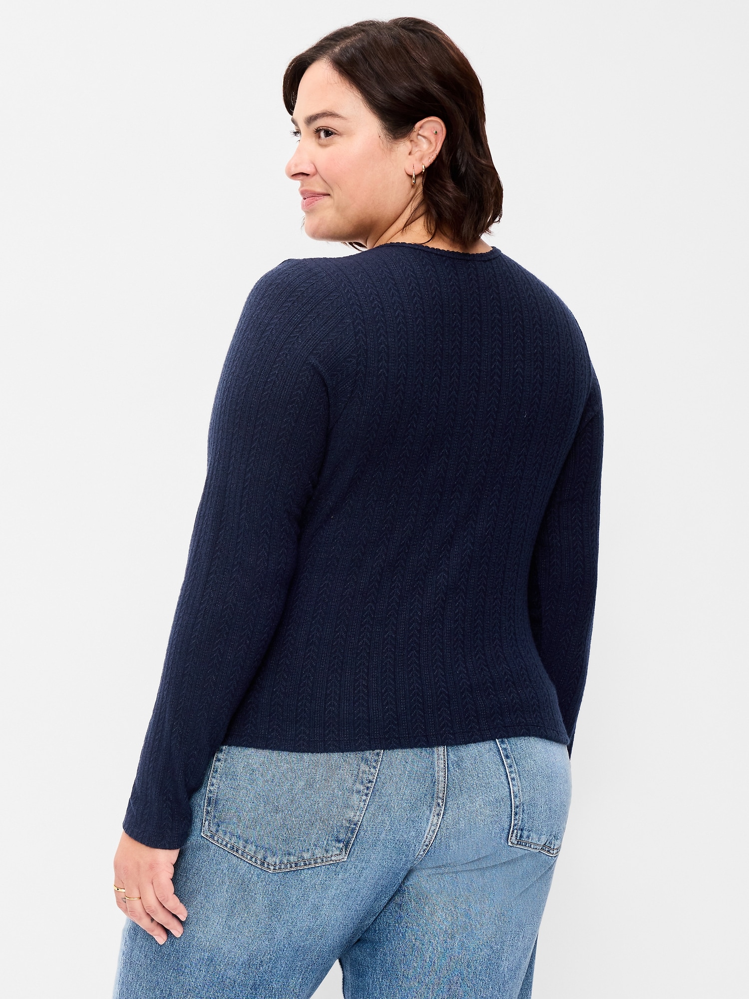 Long-Sleeve Button-Front Pointelle Top