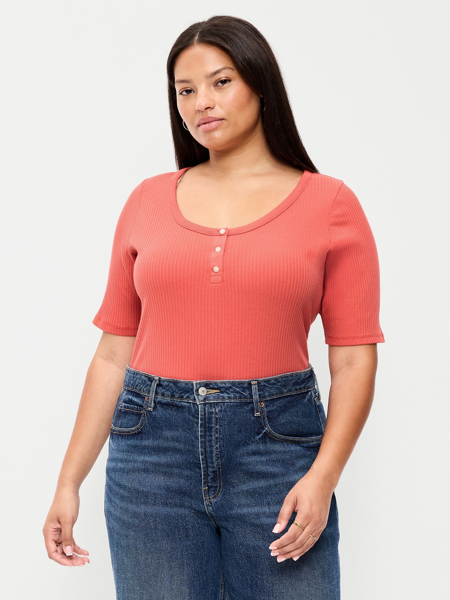 Scoop-Neck Fitted Henley Top