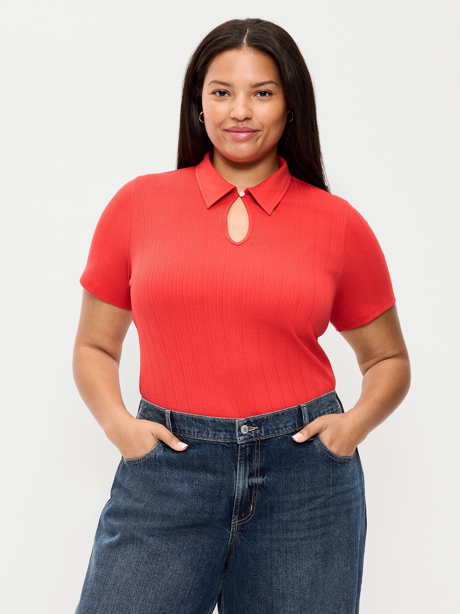 Ribbed Keyhole Polo Top