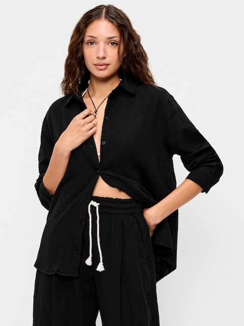 Open-Back Crinkle Gauze Button-Down Shirt