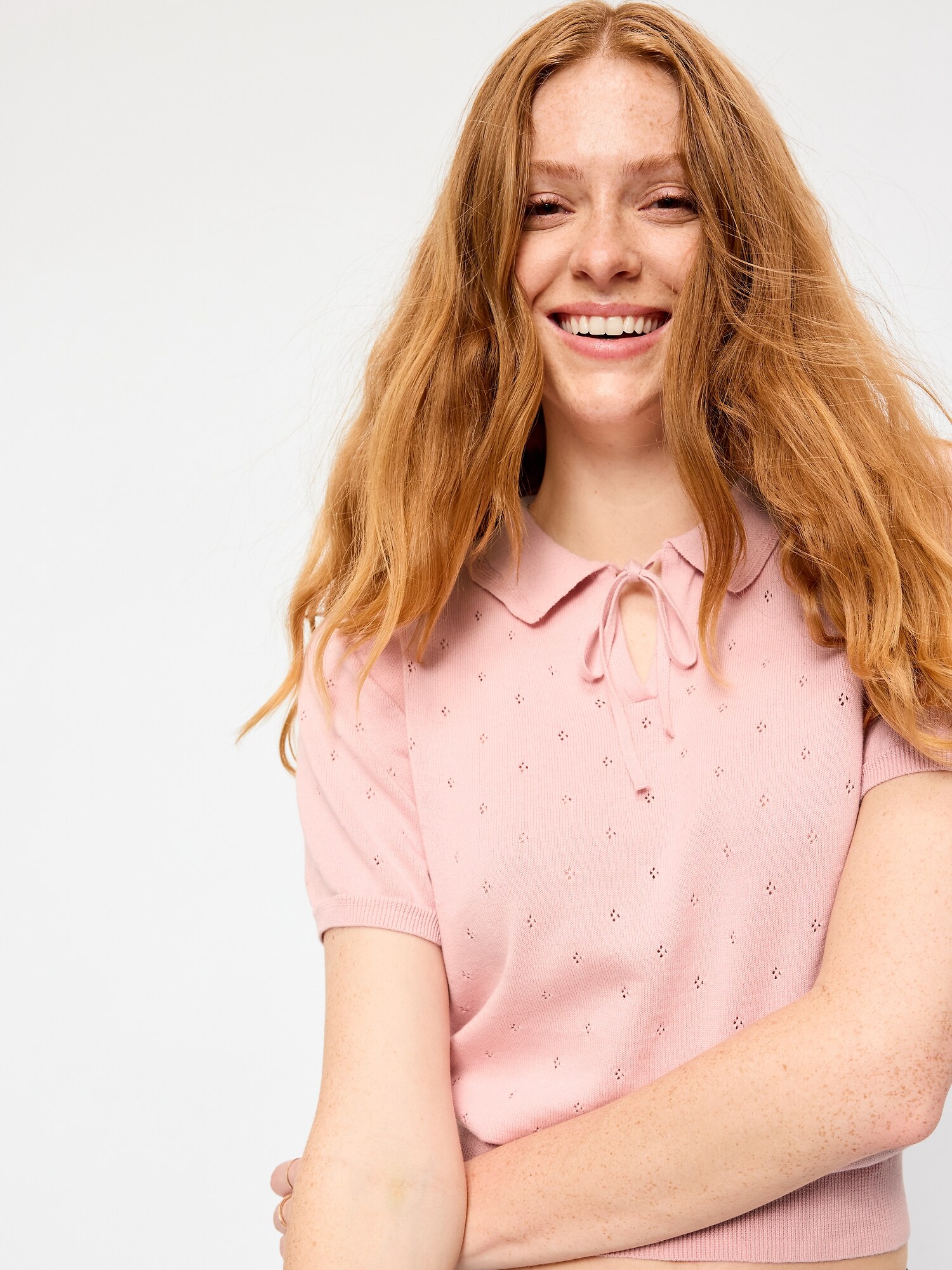 Женское поло Old Navy Tie-Front Seaside Cotton Pointelle Cropped Polo, цвет: Розовый — фото 3