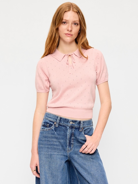 Tie-Front Seaside Cotton Pointelle Cropped Polo