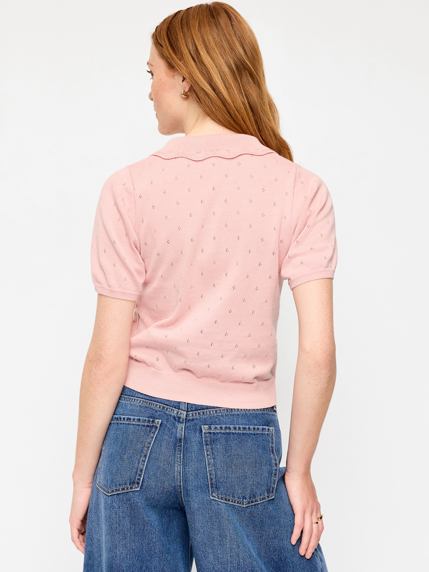 Tie-Front Seaside Cotton Pointelle Cropped Polo