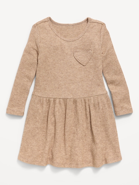 Long-Sleeve Ribbed Heart Pocket Dress for Toddler Girls