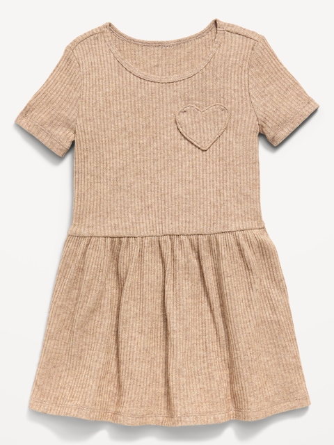 Short-Sleeve Ribbed Heart Pocket Dress for Toddler Girls