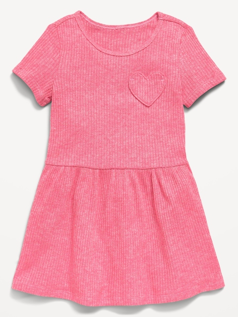 Short-Sleeve Ribbed Heart Pocket Dress for Toddler Girls