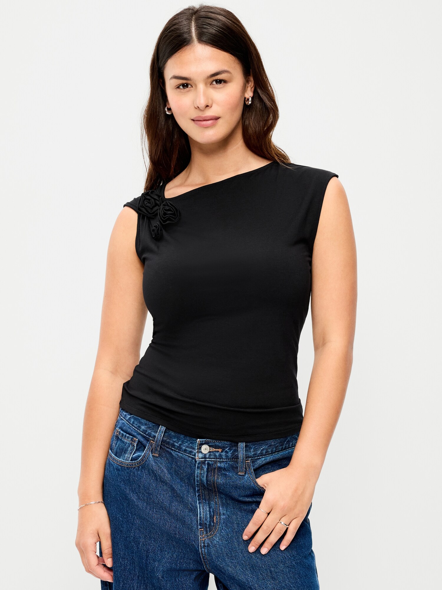 Женский топ Old Navy Gathered-Shoulder Rosette Top, цвет: Чёрный — фото 5
