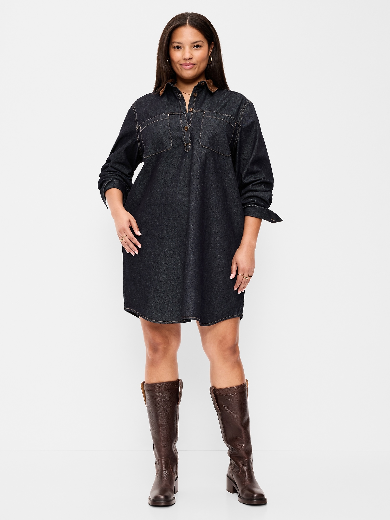 Long-Sleeve Denim Mini Shirt Dress