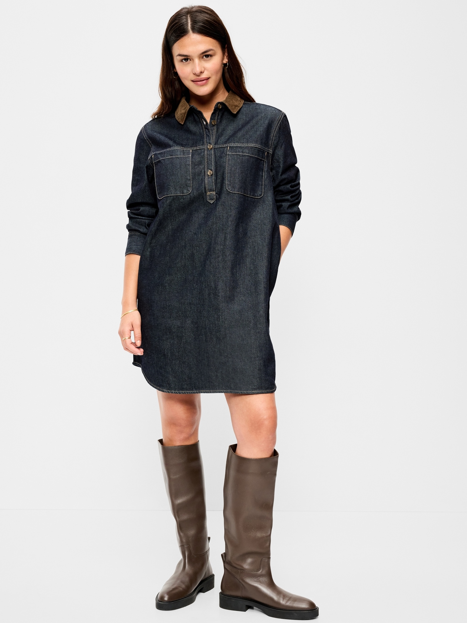 Long-Sleeve Denim Mini Shirt Dress
