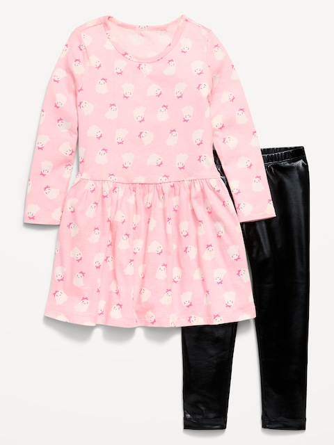 Printed Long-Sleeve Dress and Leggings Set for Toddler Girls
