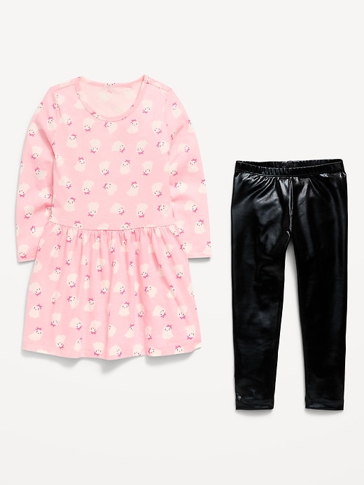 Image number 2 showing, Printed Long-Sleeve Dress and Leggings Set for Toddler Girls