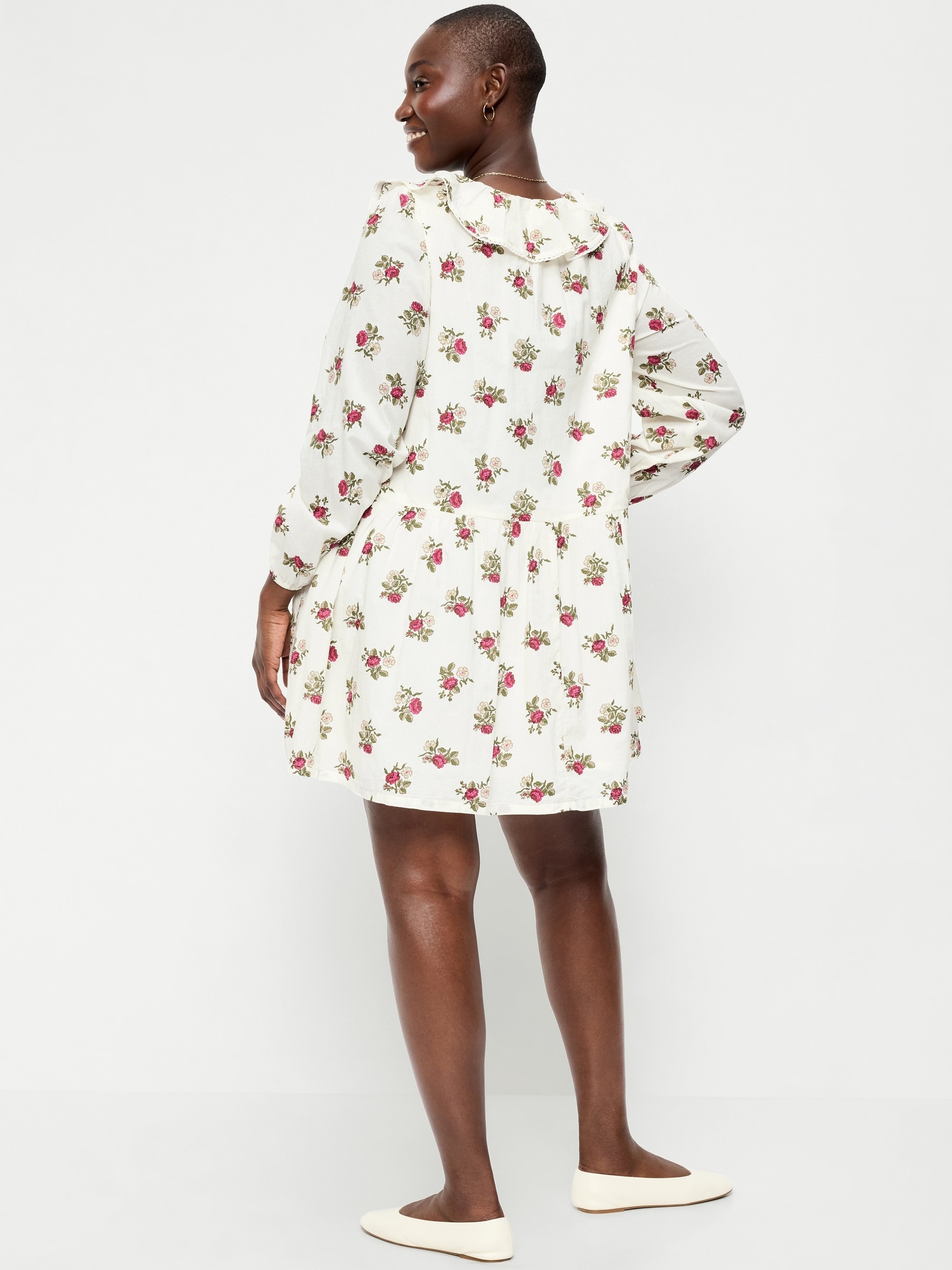 Long-Sleeve Ruffle-Collar Swing Mini Dress