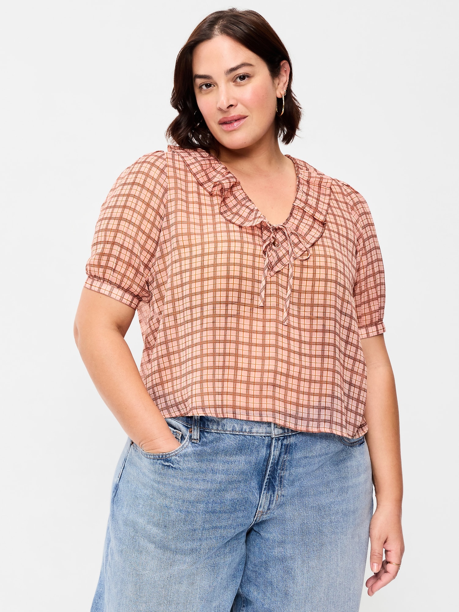Ruffle Collar Tie-Front Chiffon Top