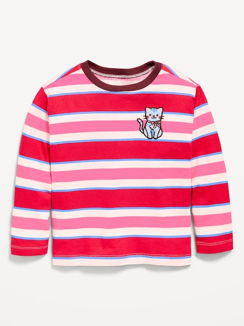 Oversized Long-Sleeve Striped Graphic T-Shirt for Toddler Girls