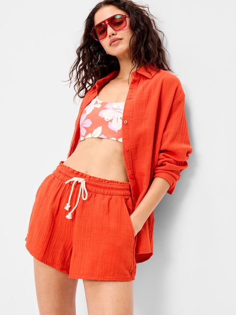 Open-Back Crinkle Gauze Button-Down Shirt