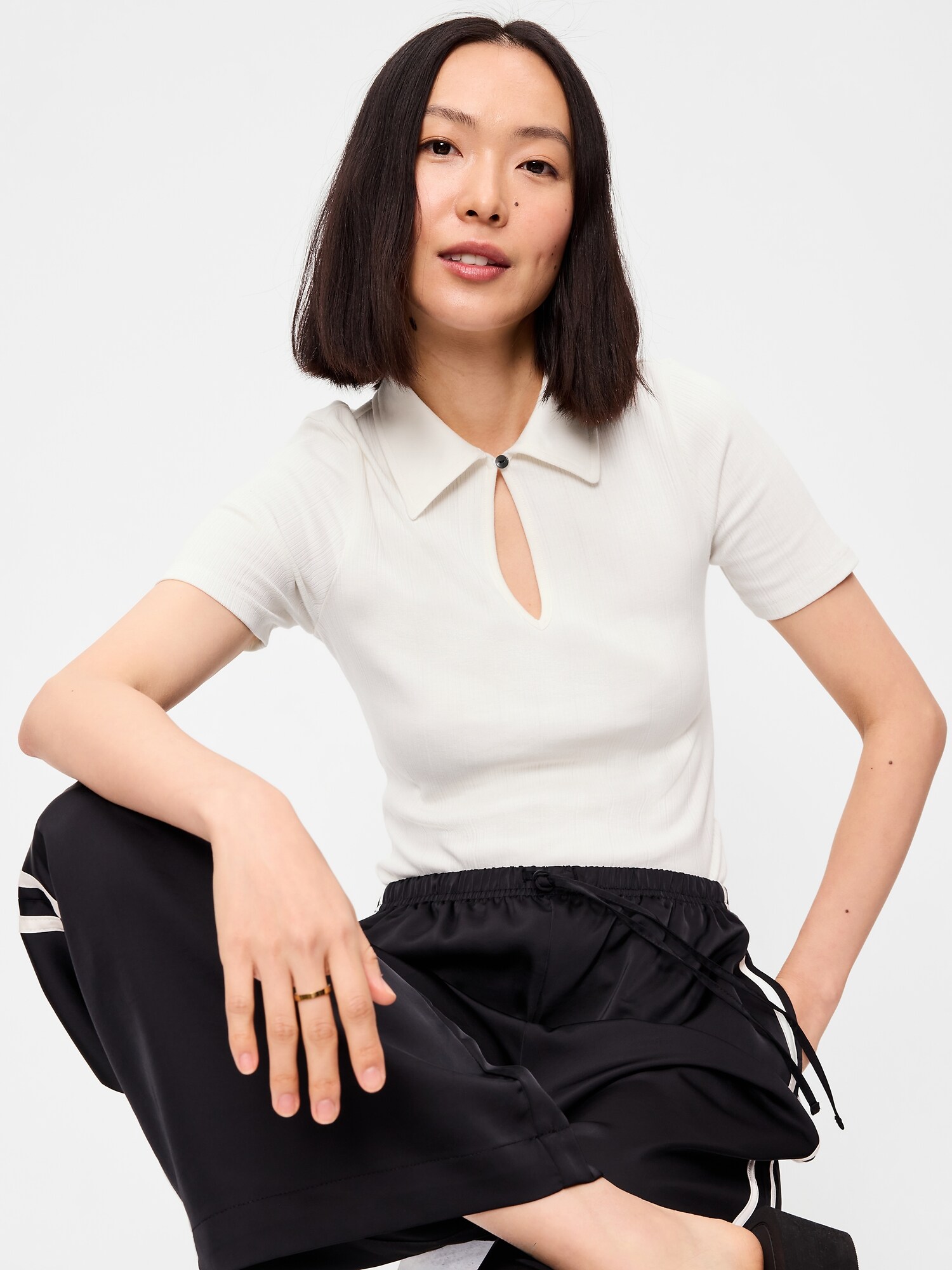Ribbed Keyhole Polo Top