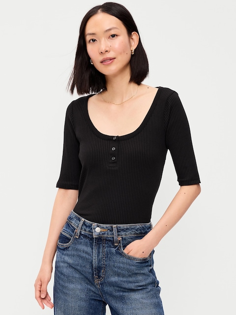 Scoop-Neck Fitted Henley Top