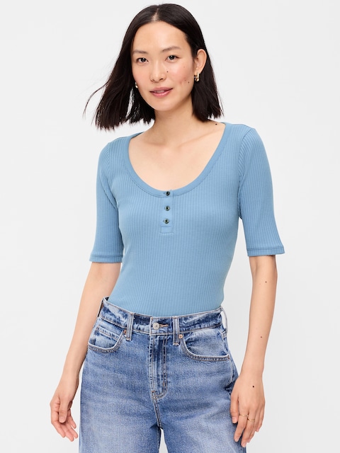 Scoop-Neck Fitted Henley Top