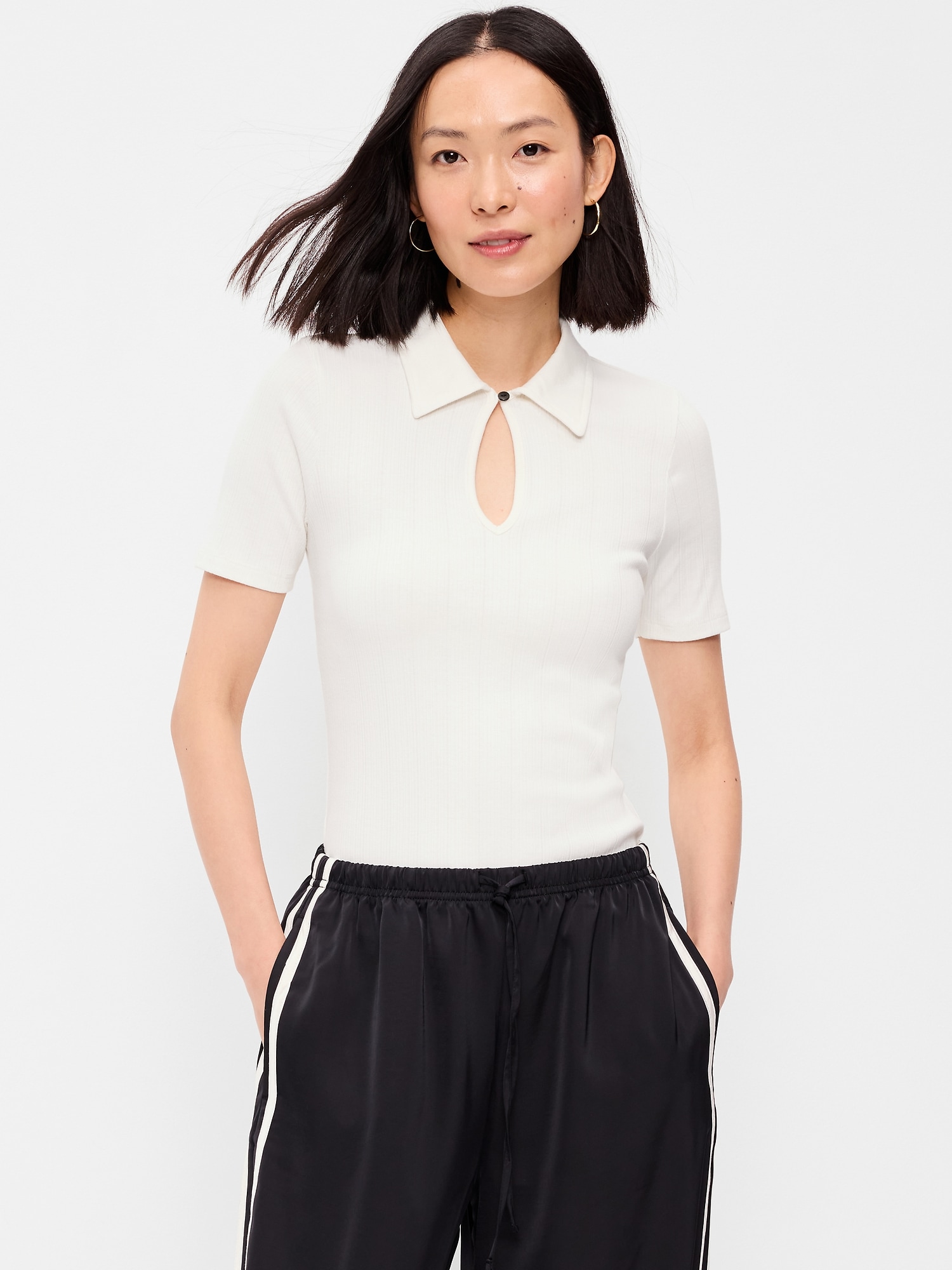 Ribbed Keyhole Polo Top