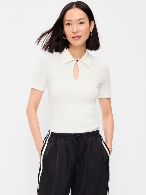 Ribbed Keyhole Polo Top