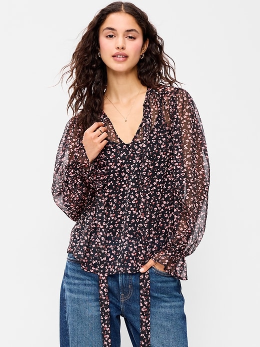Image number 1 showing, Chiffon Semi-Sheer Tie-Front Top