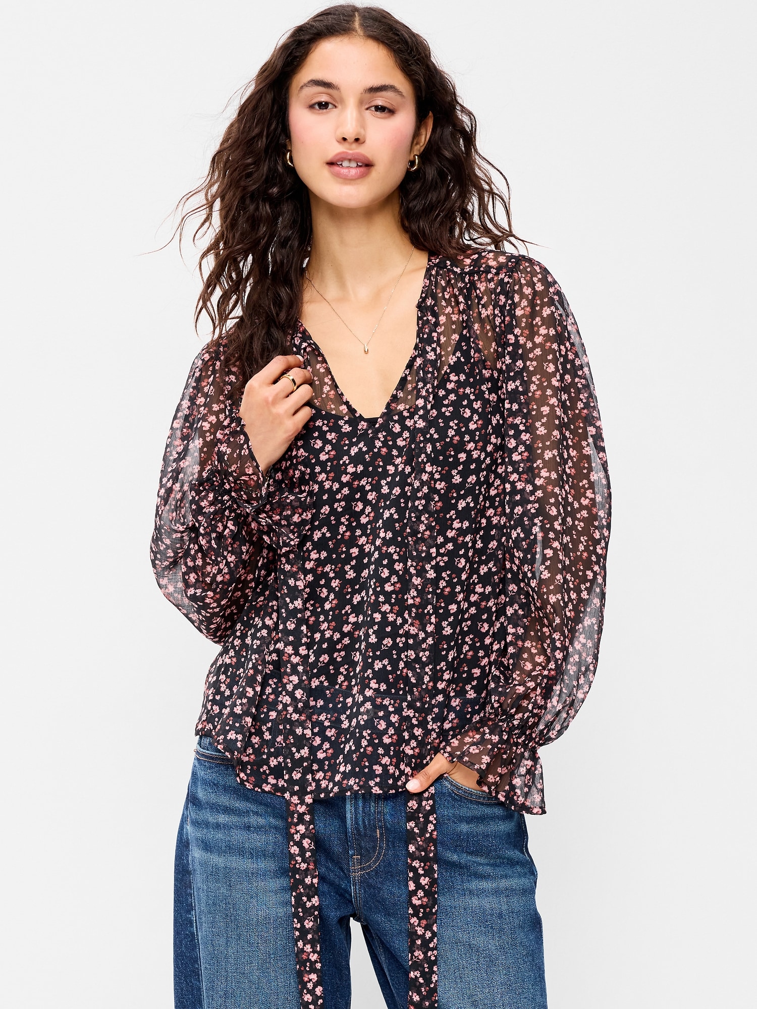 Chiffon Semi-Sheer Tie-Front Top