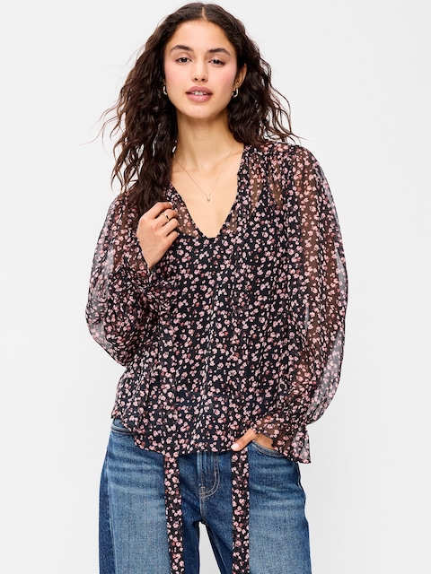 Chiffon Semi-Sheer Tie-Front Top